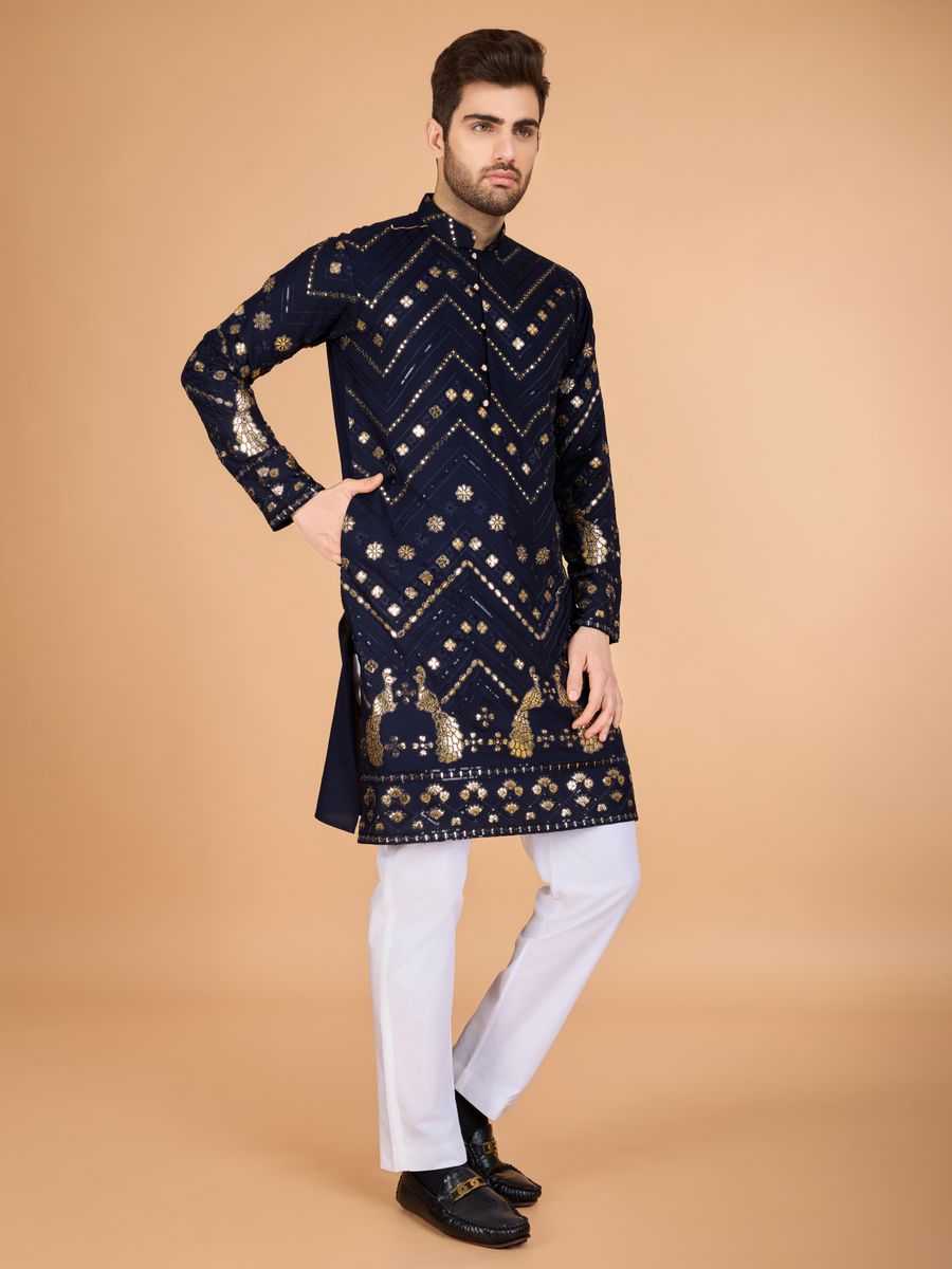 NAVY BLUE PURE VISCOSE RAYON THREAD & SEQUENCE EMBROIDERED WORK KURTA - qivii