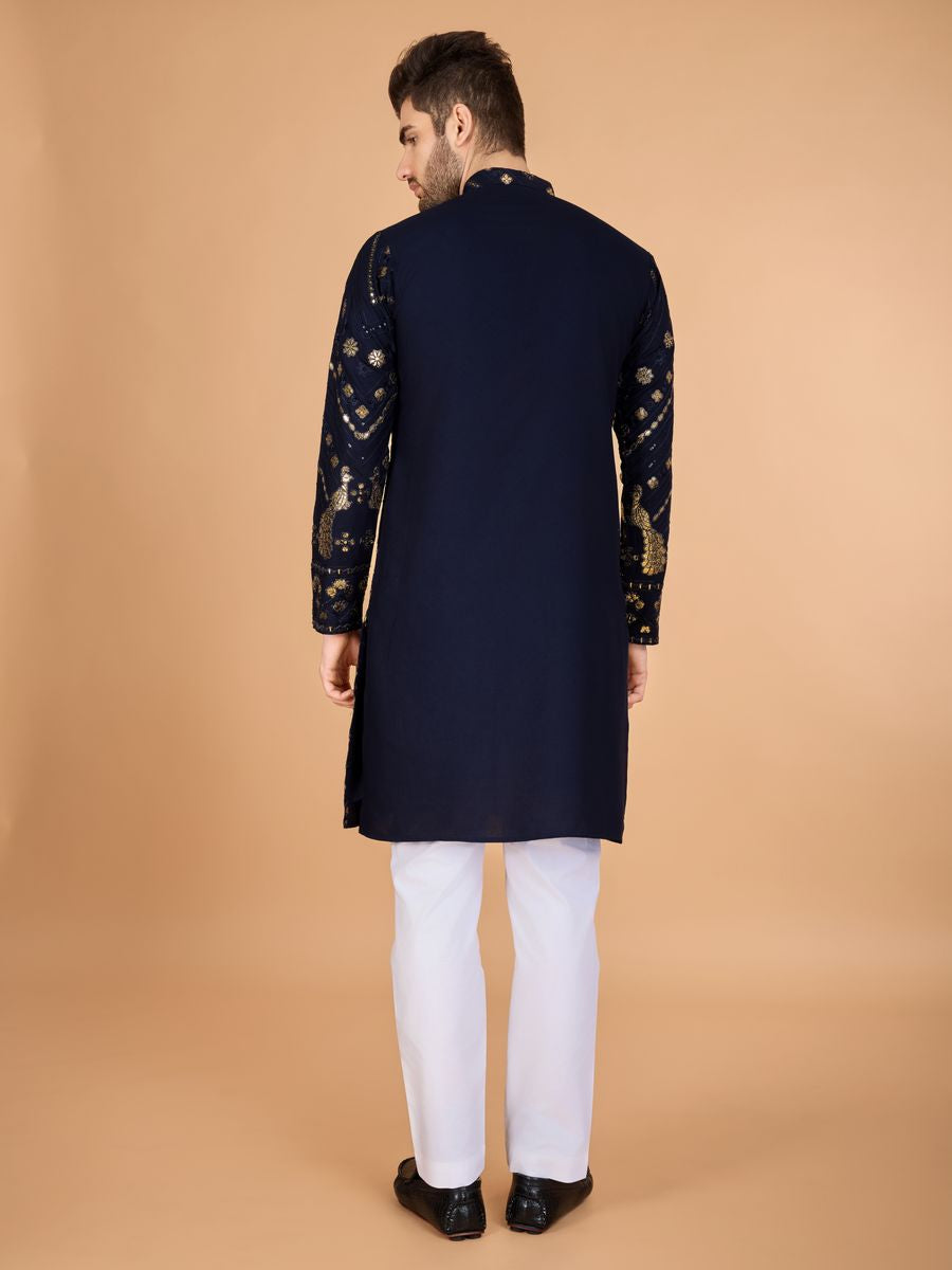NAVY BLUE PURE VISCOSE RAYON THREAD & SEQUENCE EMBROIDERED WORK KURTA - qivii