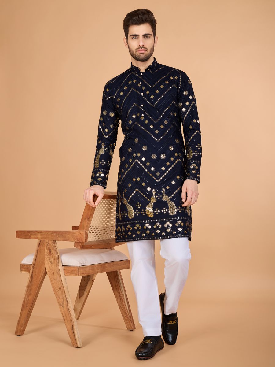 NAVY BLUE PURE VISCOSE RAYON THREAD & SEQUENCE EMBROIDERED WORK KURTA - qivii