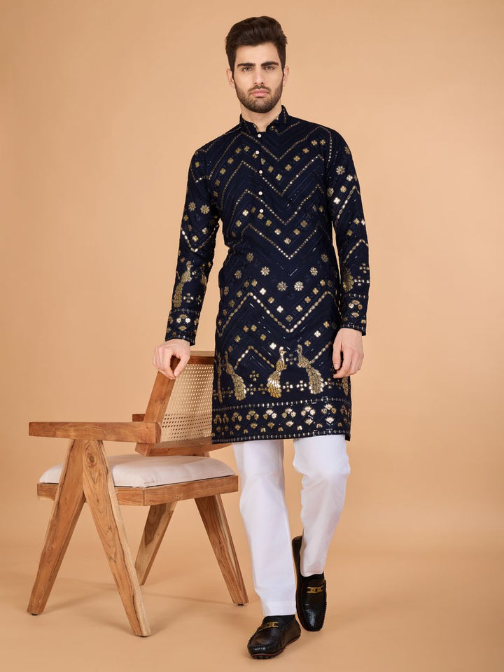 NAVY BLUE PURE VISCOSE RAYON THREAD & SEQUENCE EMBROIDERED WORK KURTA - qivii