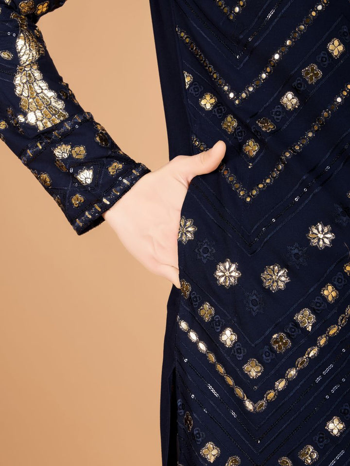 NAVY BLUE PURE VISCOSE RAYON THREAD & SEQUENCE EMBROIDERED WORK KURTA - qivii