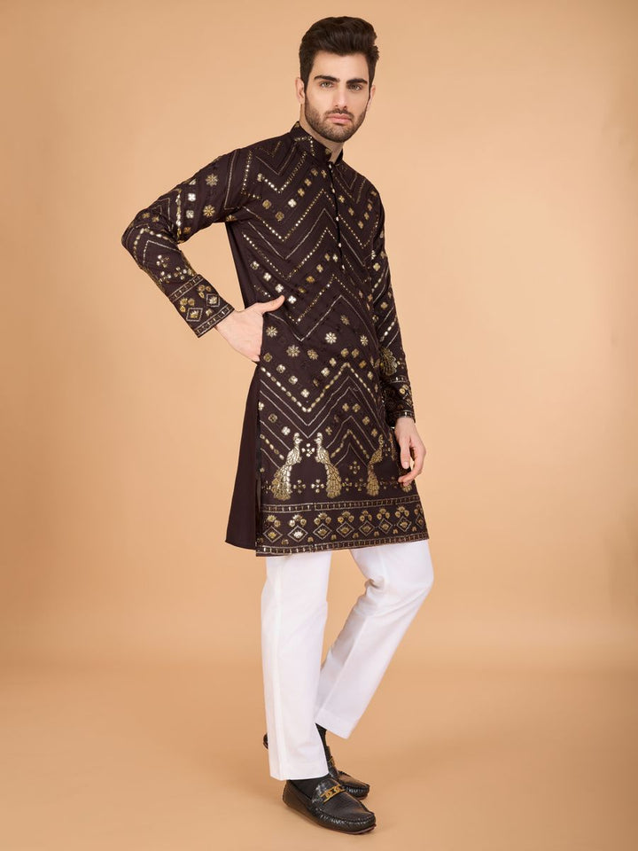BROWN PURE VISCOSE RAYON THREAD & SEQUENCE EMBROIDERED WORK KURTA - qivii