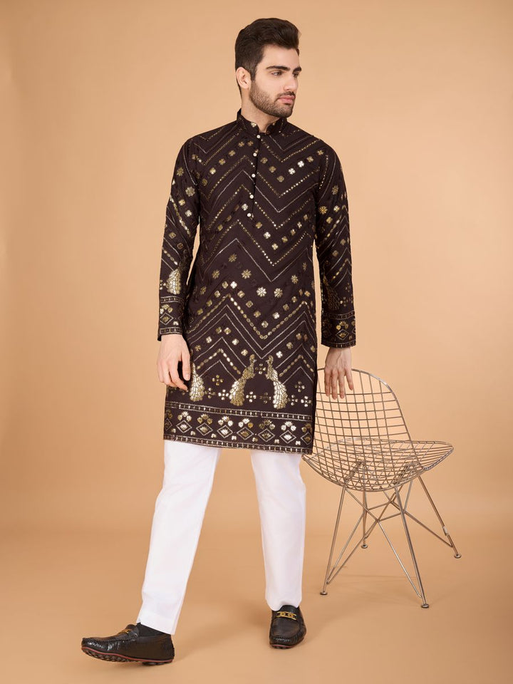 BROWN PURE VISCOSE RAYON THREAD & SEQUENCE EMBROIDERED WORK KURTA - qivii