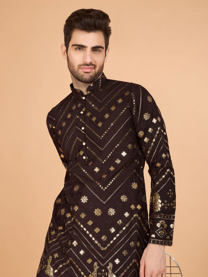 BROWN PURE VISCOSE RAYON THREAD & SEQUENCE EMBROIDERED WORK KURTA - qivii