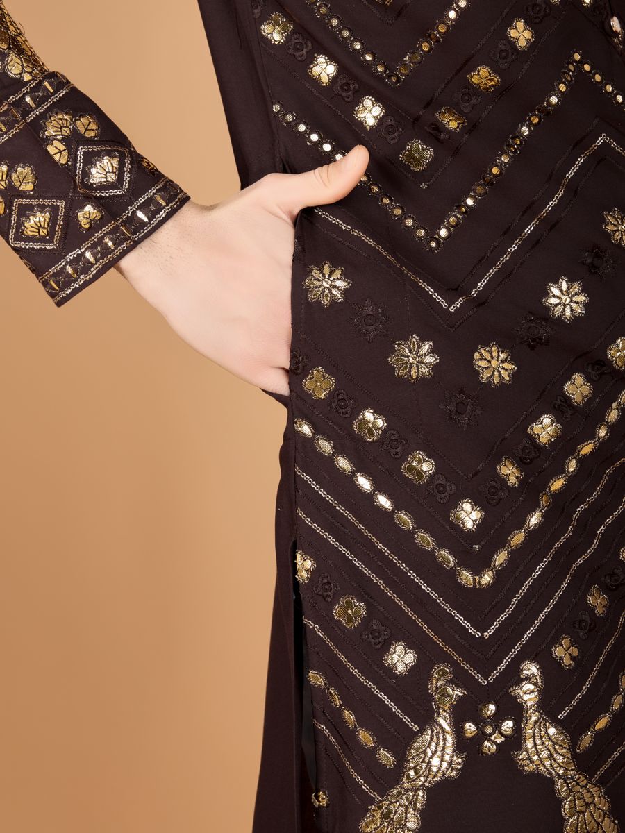 BROWN PURE VISCOSE RAYON THREAD & SEQUENCE EMBROIDERED WORK KURTA - qivii
