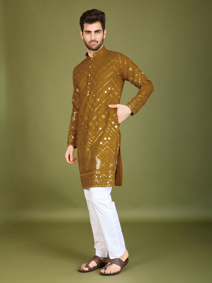 YELLOW PURE VISCOSE RAYON THREAD & SEQUENCE EMBROIDERED WORK KURTA - qivii