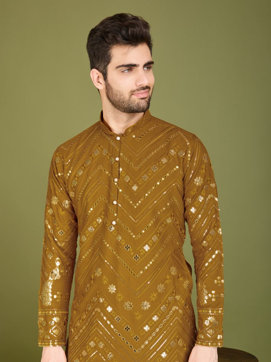 YELLOW PURE VISCOSE RAYON THREAD & SEQUENCE EMBROIDERED WORK KURTA - qivii
