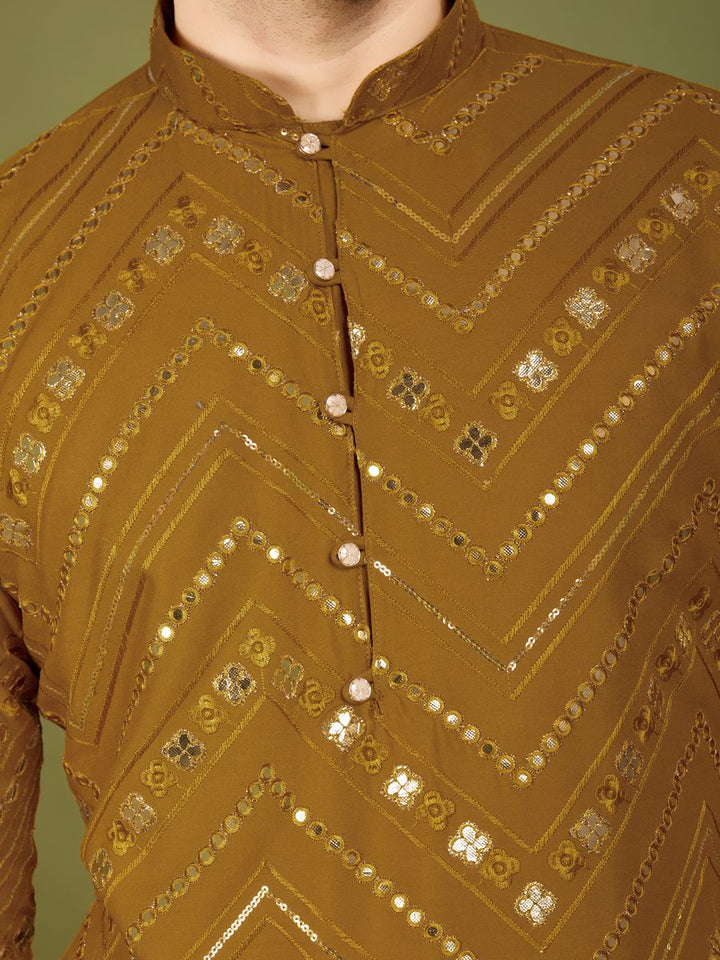 YELLOW PURE VISCOSE RAYON THREAD & SEQUENCE EMBROIDERED WORK KURTA - qivii