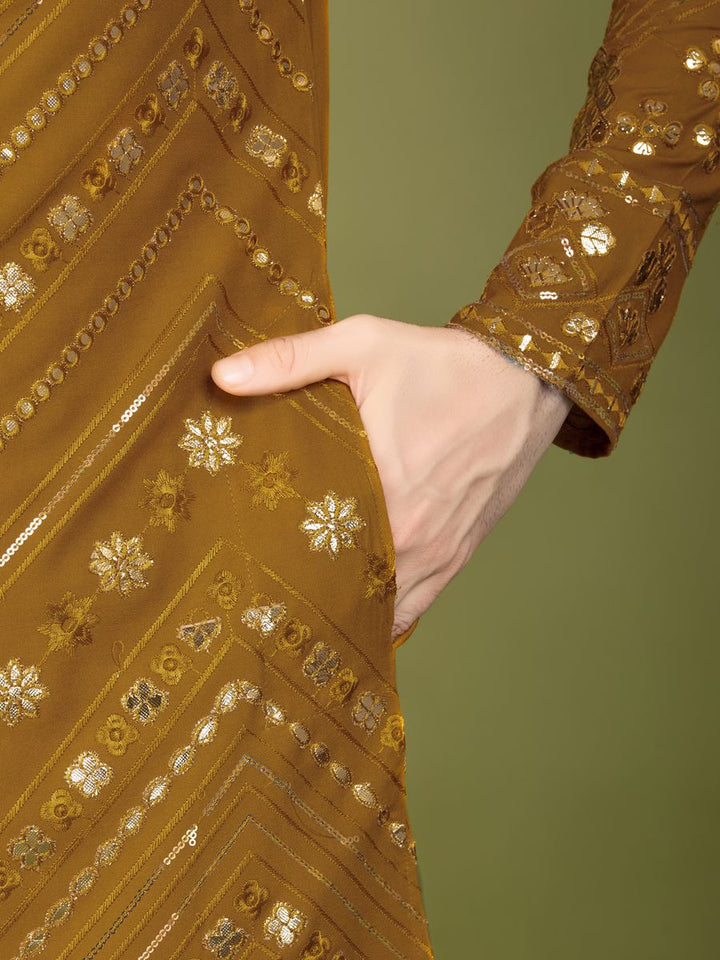 YELLOW PURE VISCOSE RAYON THREAD & SEQUENCE EMBROIDERED WORK KURTA - qivii