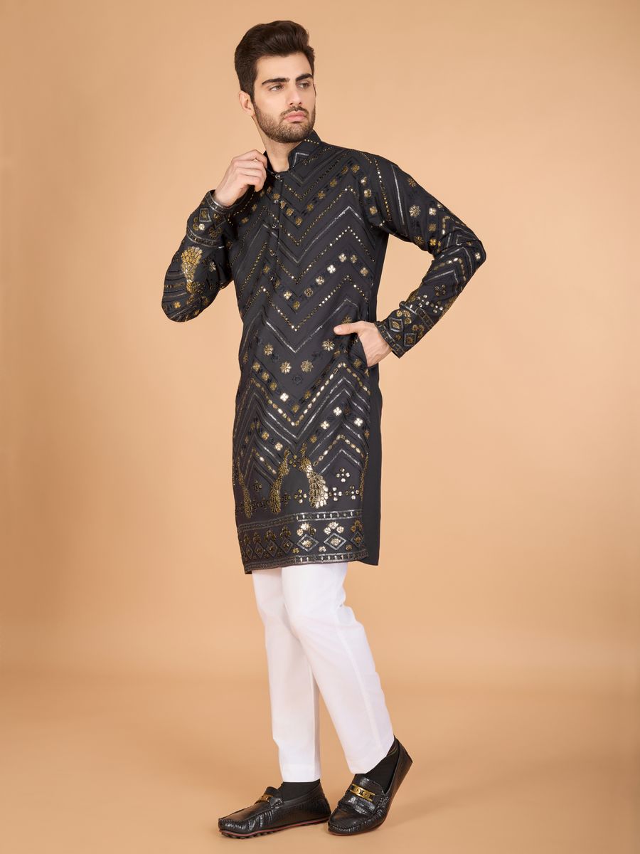 GREY PURE VISCOSE RAYON THREAD & SEQUENCE EMBROIDERED WORK KURTA - qivii