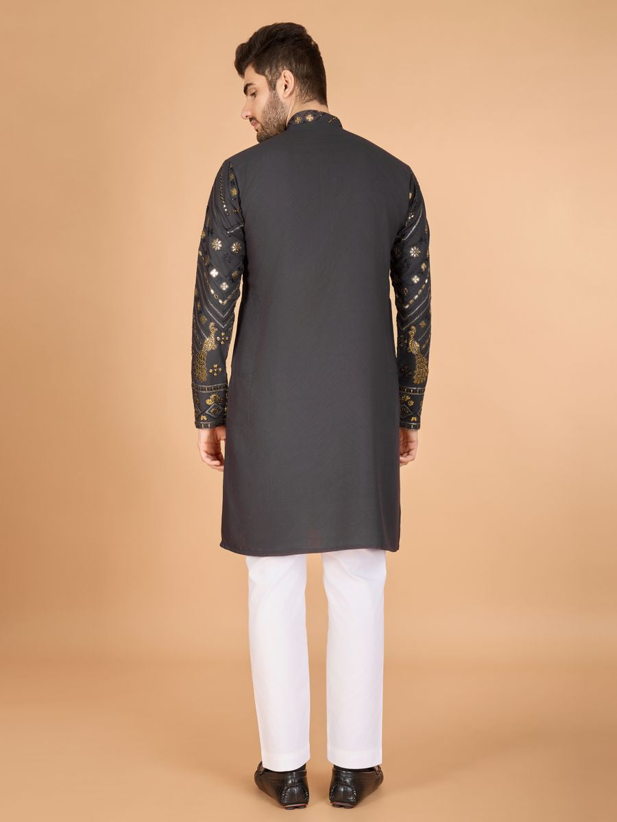 GREY PURE VISCOSE RAYON THREAD & SEQUENCE EMBROIDERED WORK KURTA - qivii