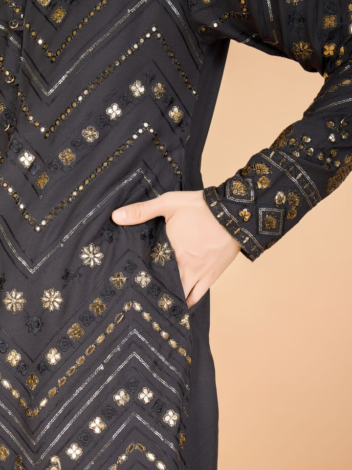 GREY PURE VISCOSE RAYON THREAD & SEQUENCE EMBROIDERED WORK KURTA - qivii