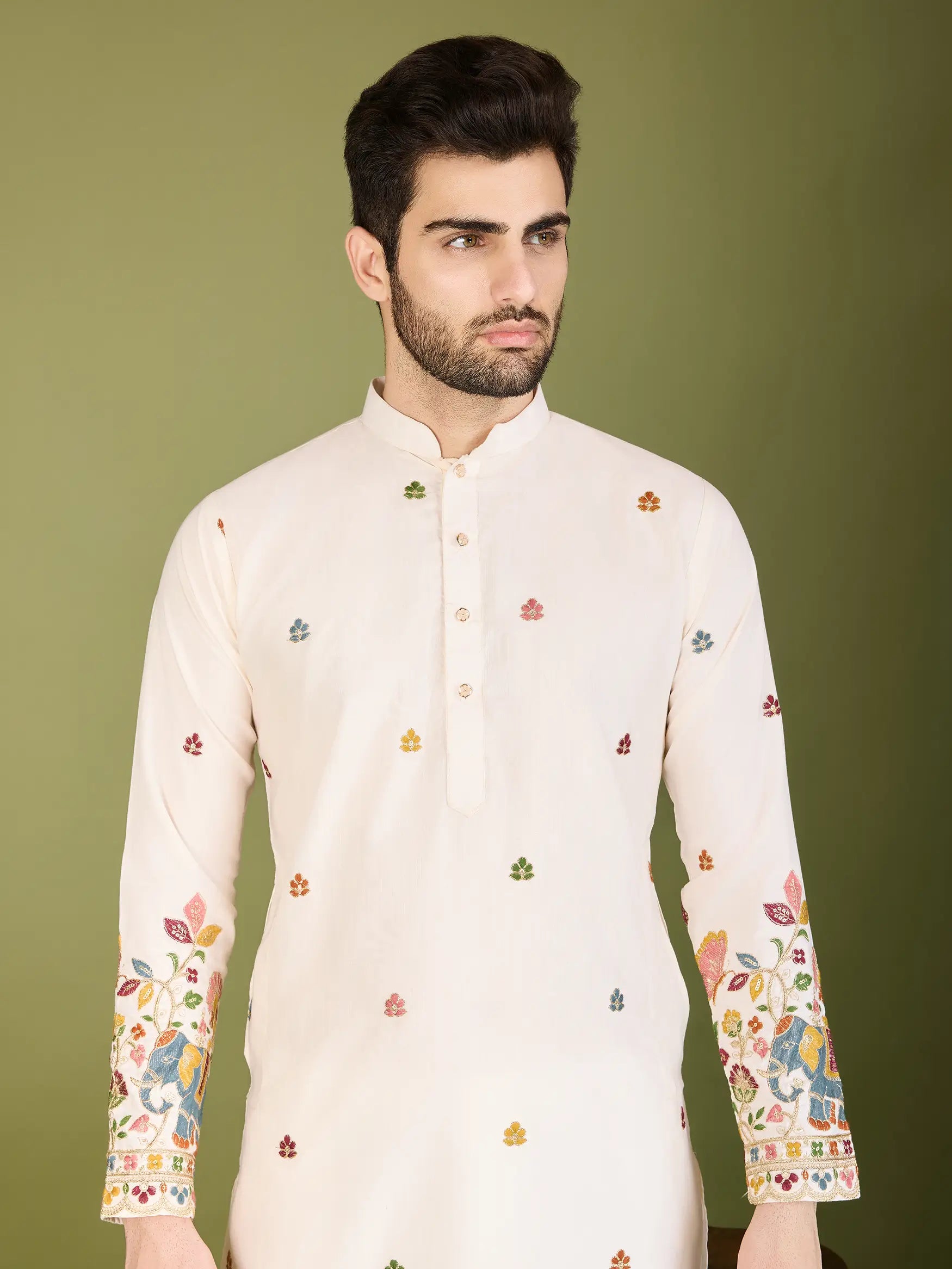 White Cotton Thread & Sequins Embroidered Work Kurta