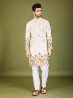White Cotton Thread & Sequins Embroidered Work Kurta