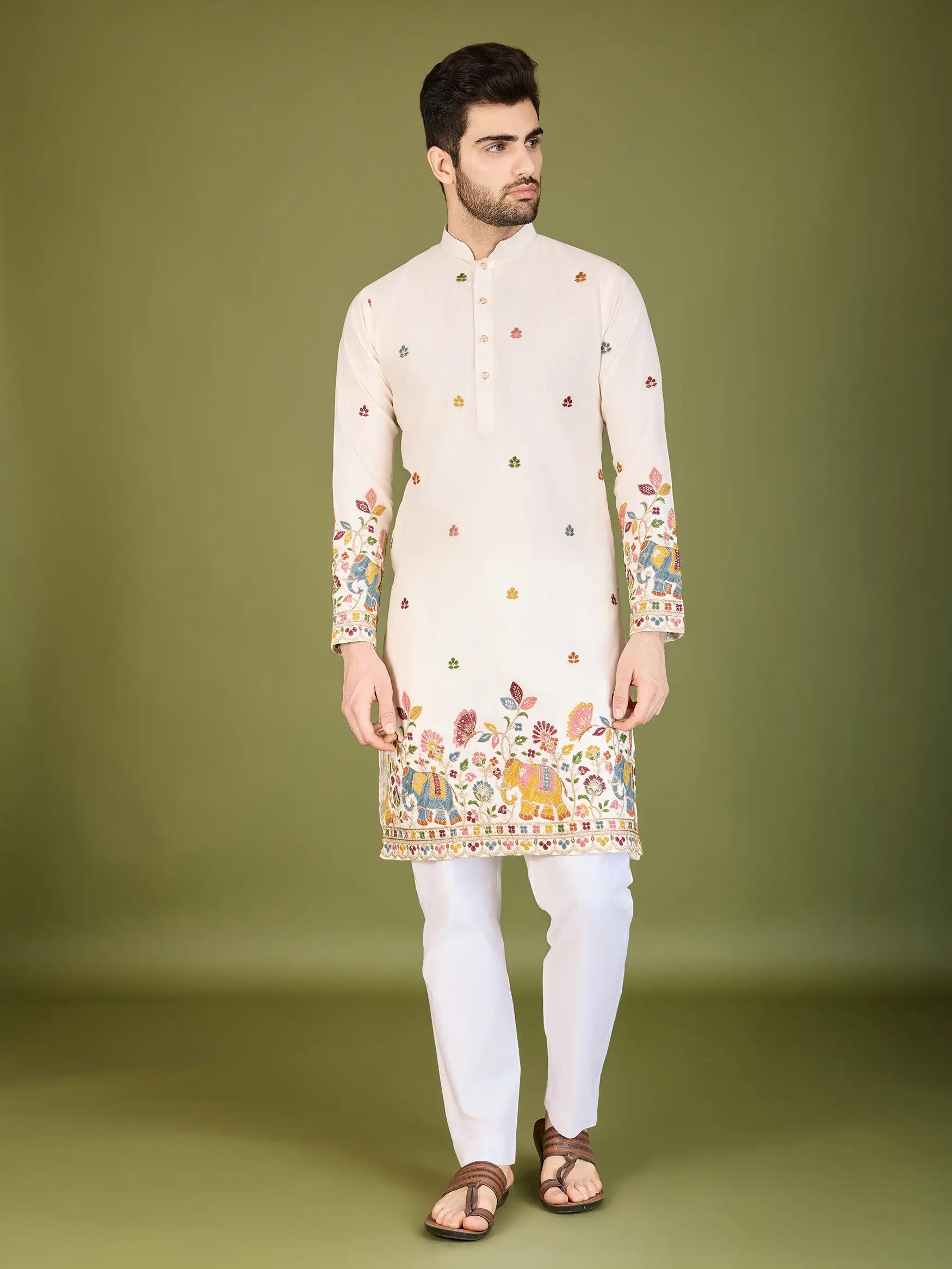 White Cotton Thread & Sequins Embroidered Work Kurta