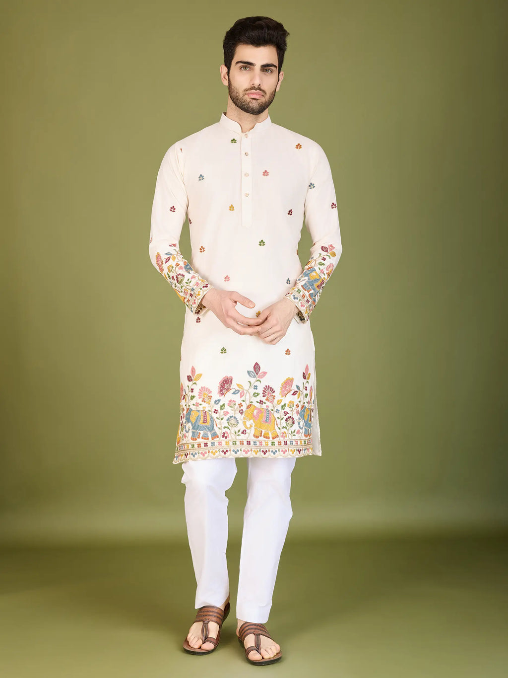 White Cotton Thread & Sequins Embroidered Work Kurta
