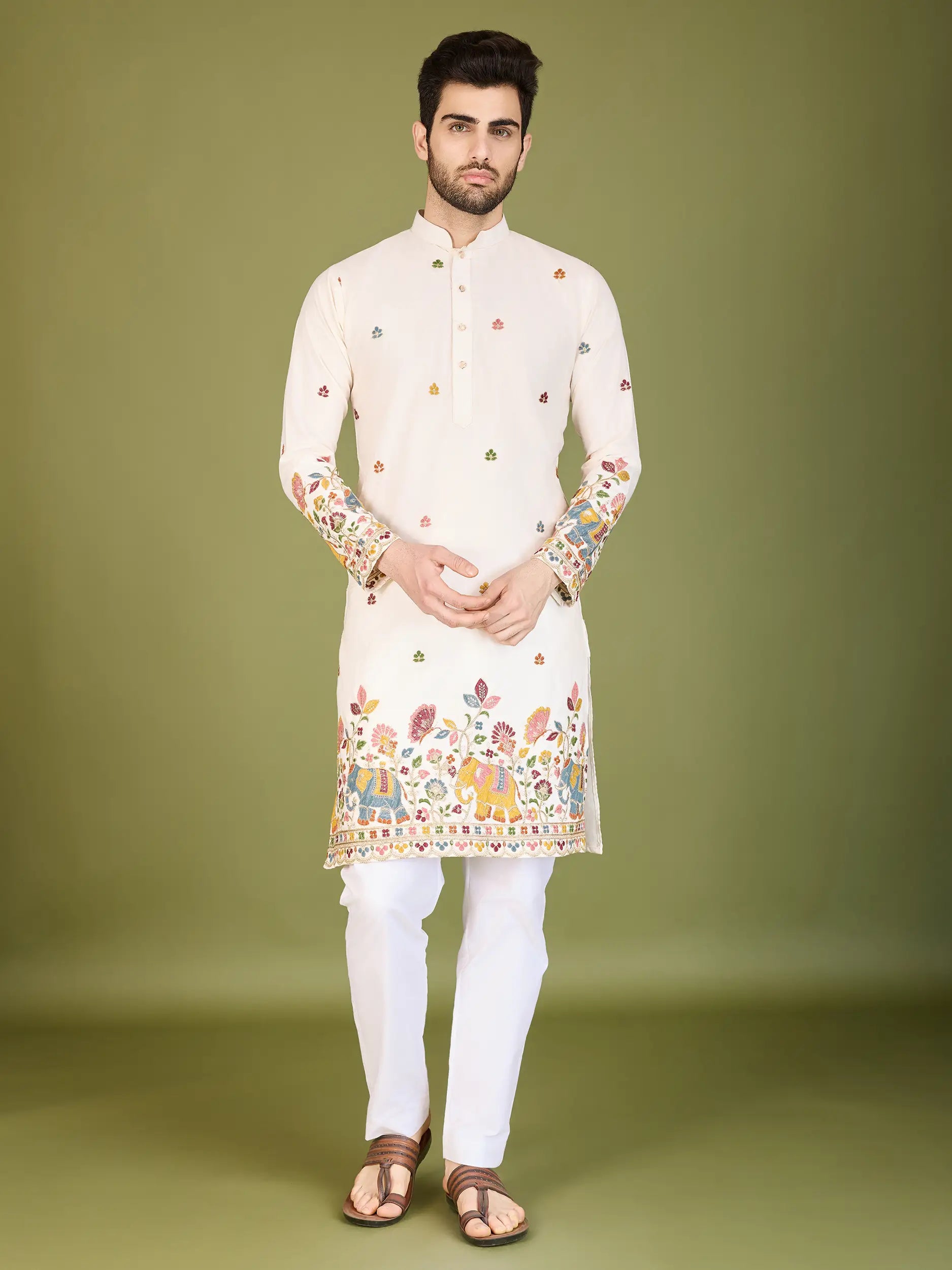 White Cotton Thread & Sequins Embroidered Work Kurta