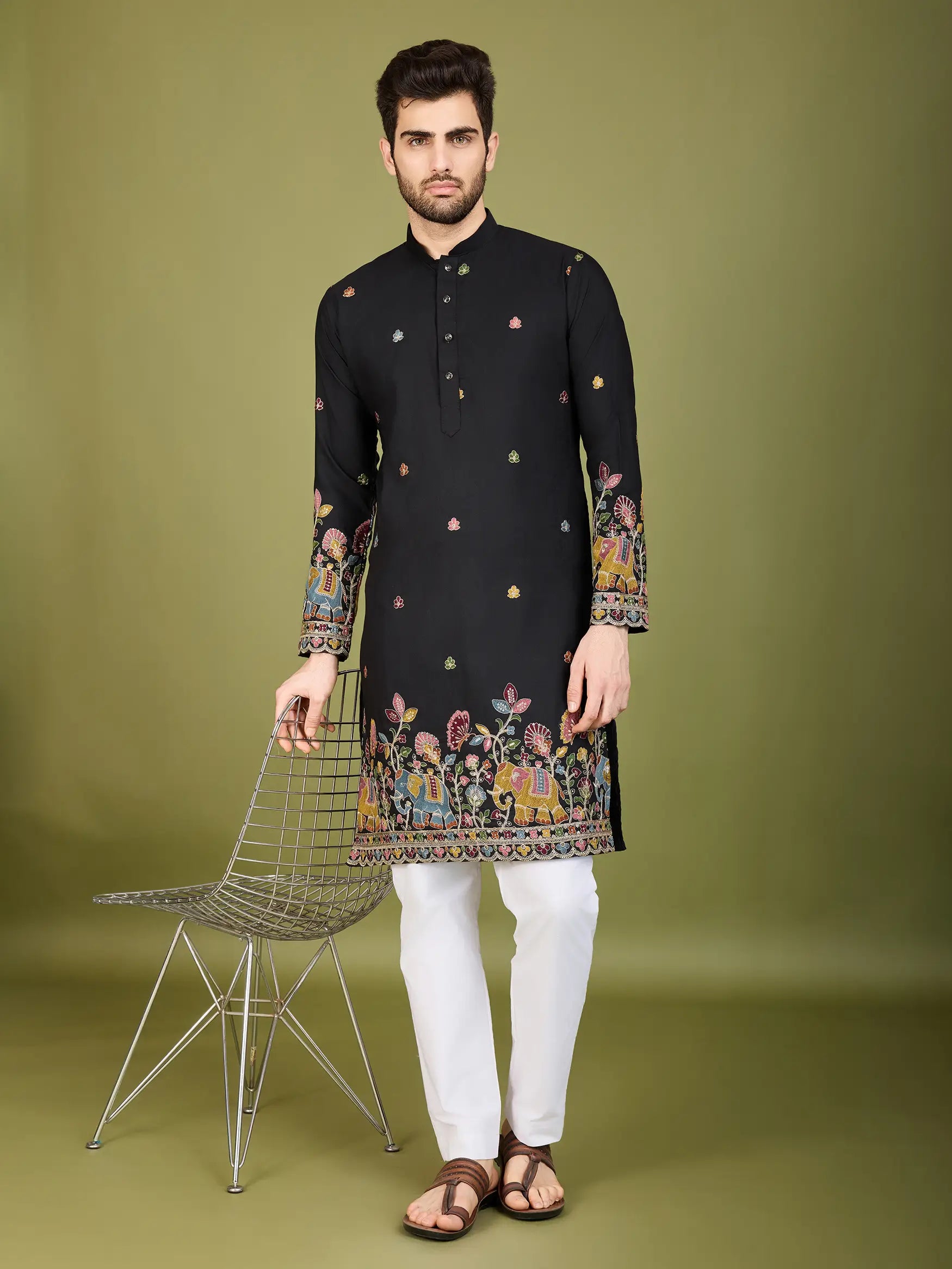 Black Cotton Thread & Sequins Embroidered Work Kurta