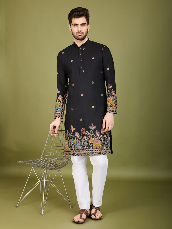 BLACK COTTON THREAD, SEQUENCE EMBROIDERED WORK KURTA - qivii