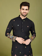Black Cotton Thread & Sequins Embroidered Work Kurta