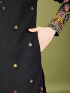 Black Cotton Thread & Sequins Embroidered Work Kurta