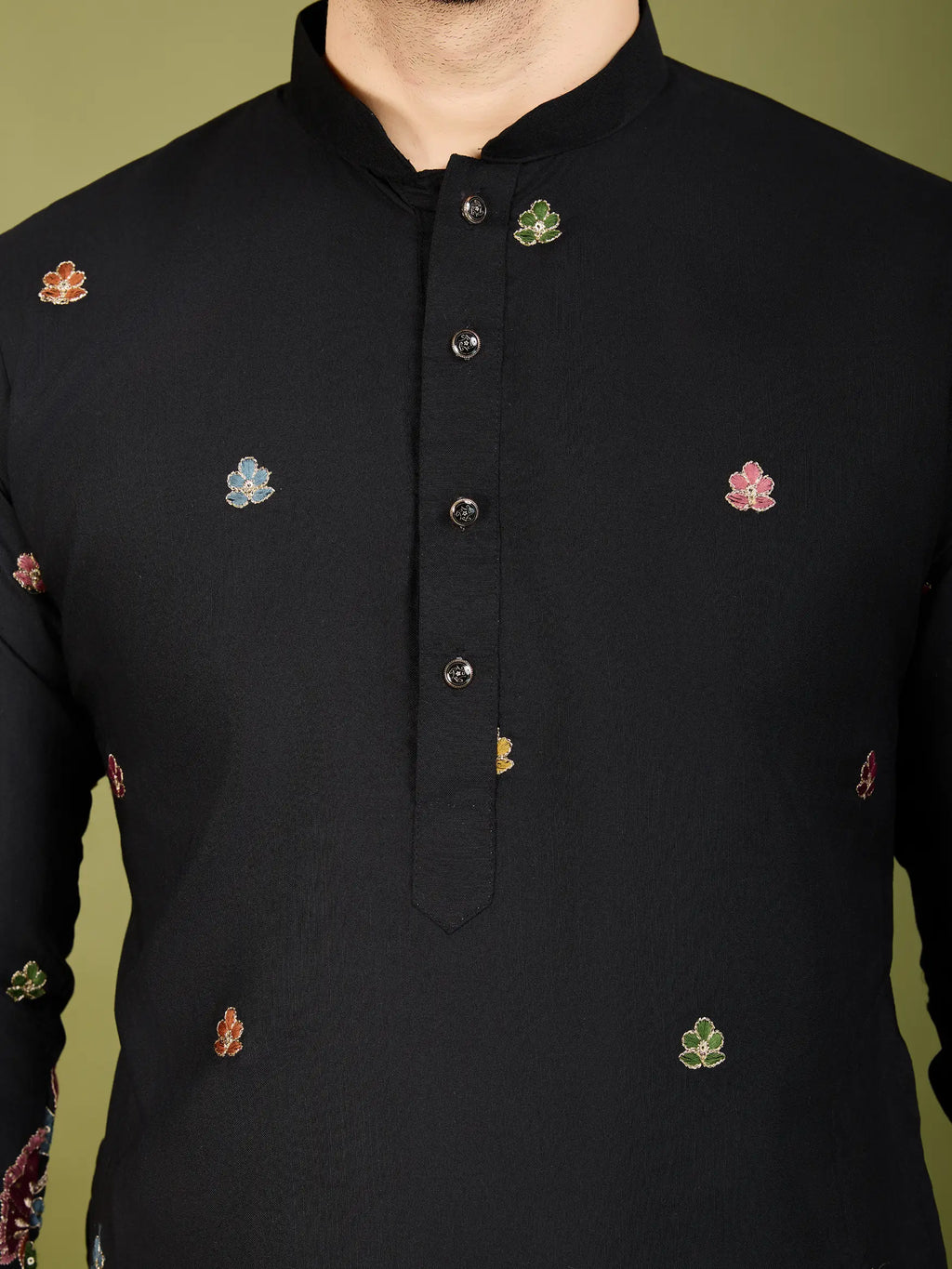 Black Cotton Thread & Sequins Embroidered Work Kurta