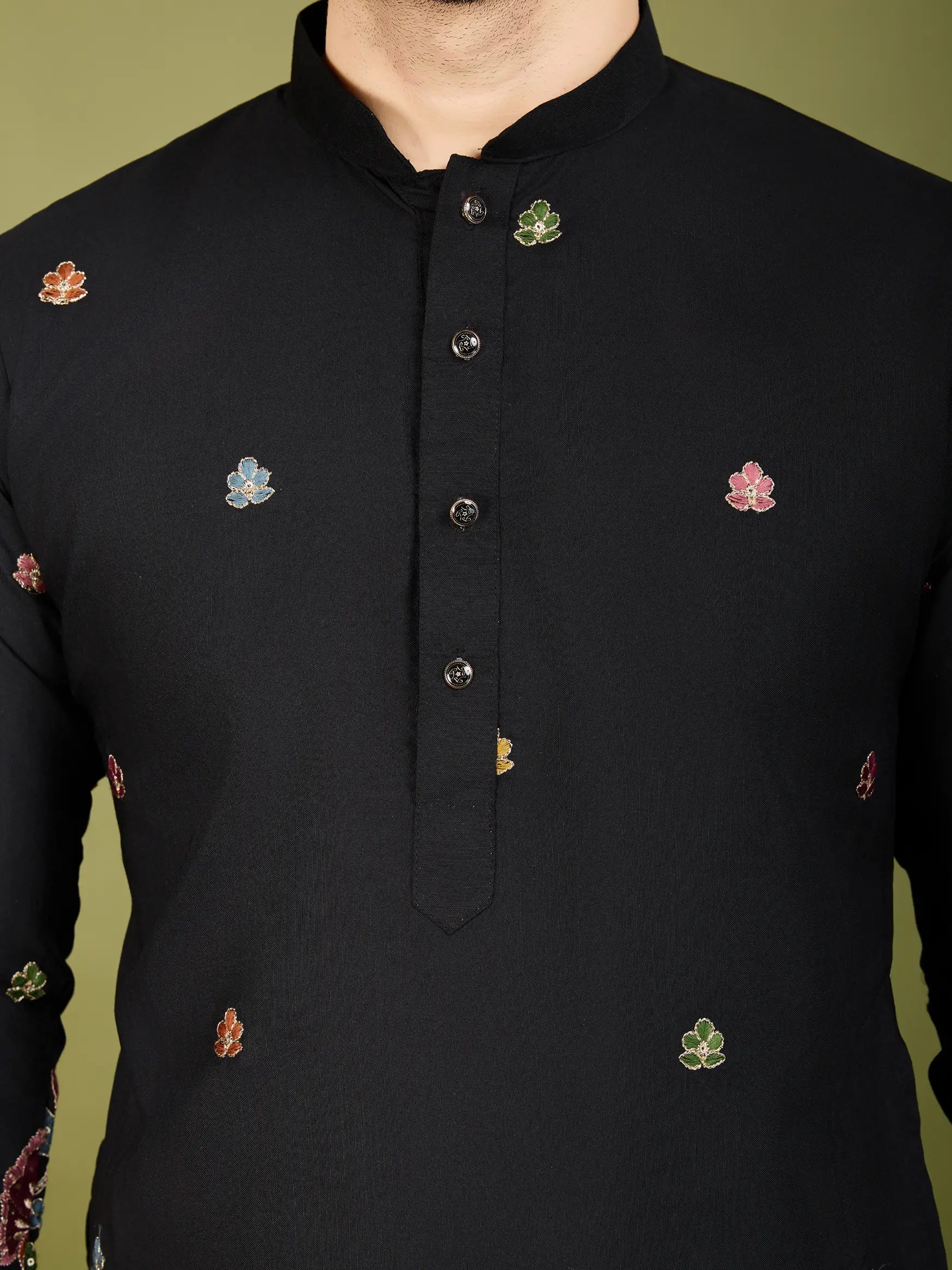 Black Cotton Thread & Sequins Embroidered Work Kurta