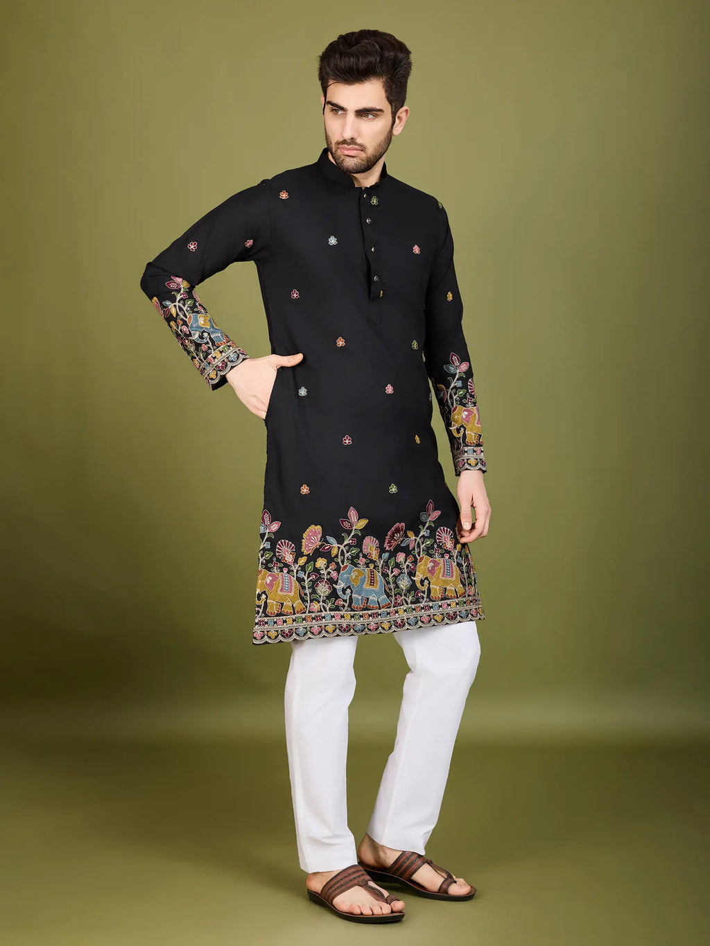 Black Cotton Thread & Sequins Embroidered Work Kurta