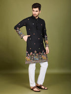 Black Cotton Thread & Sequins Embroidered Work Kurta