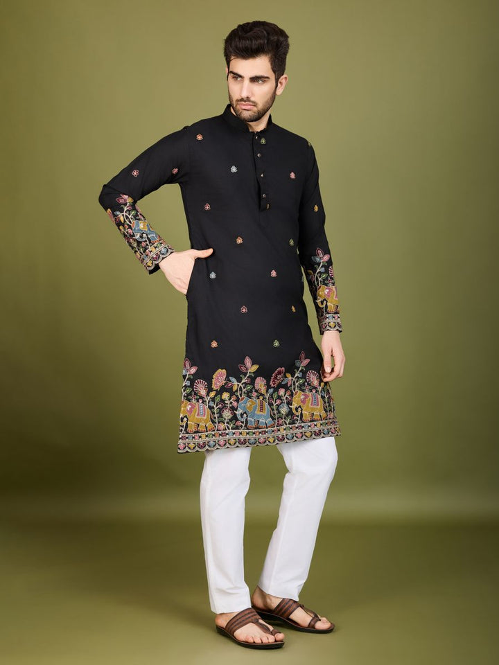 BLACK COTTON THREAD, SEQUENCE EMBROIDERED WORK KURTA - qivii