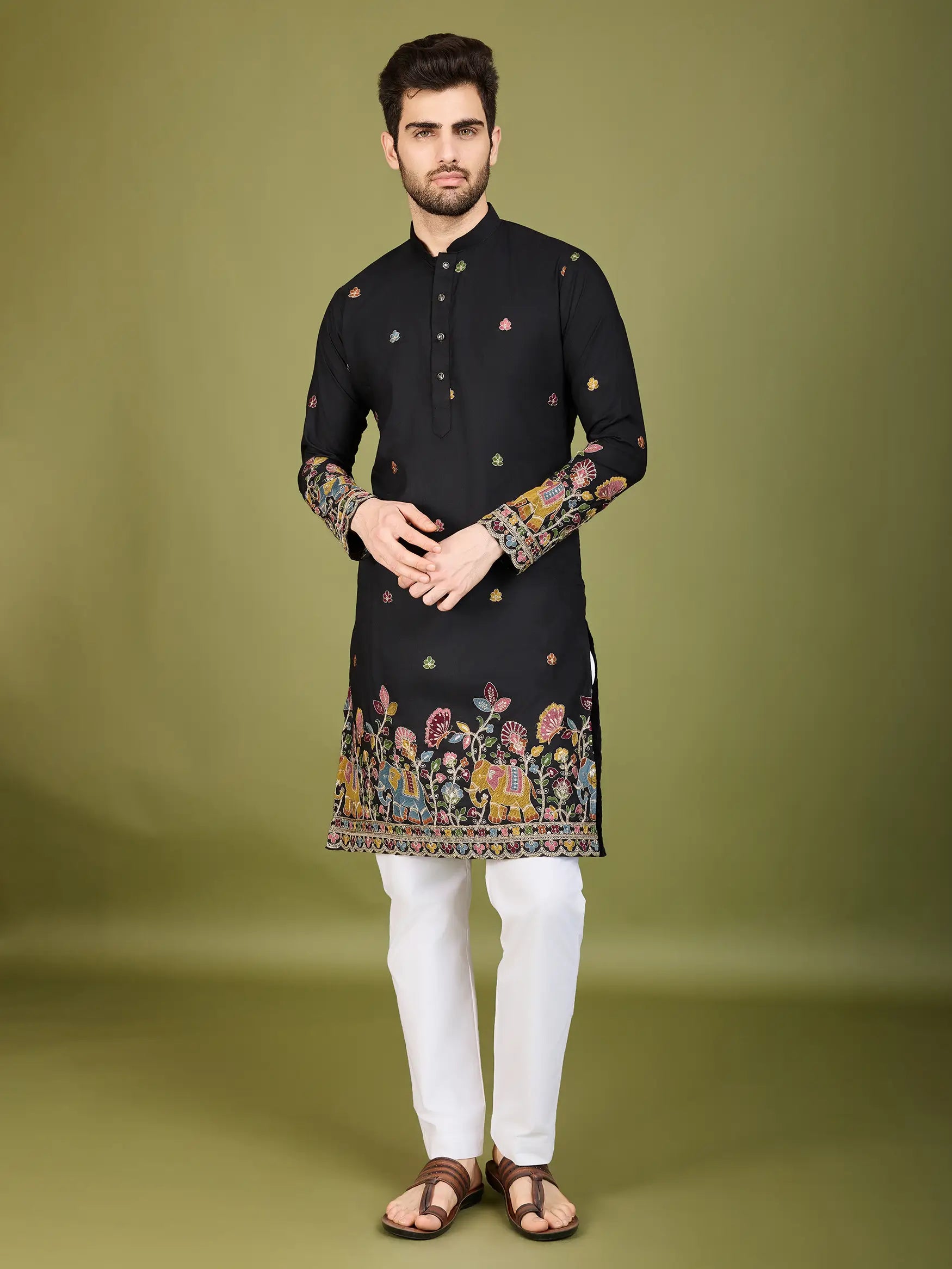 Black Cotton Thread & Sequins Embroidered Work Kurta