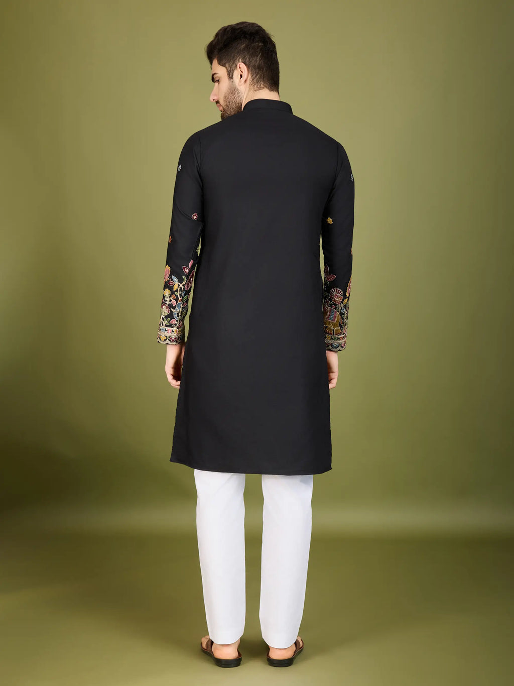 Black Cotton Thread & Sequins Embroidered Work Kurta