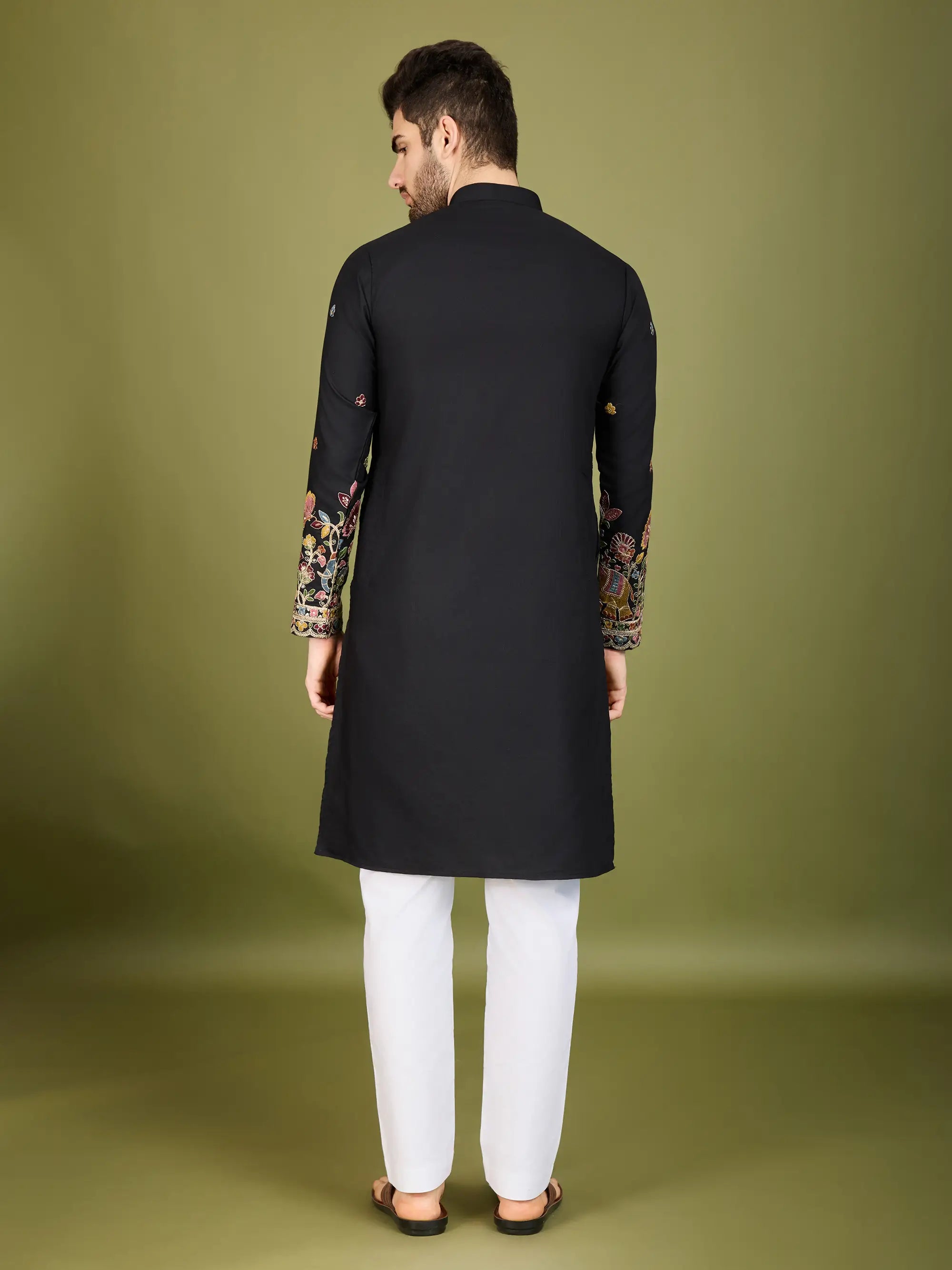 Black Cotton Thread & Sequins Embroidered Work Kurta