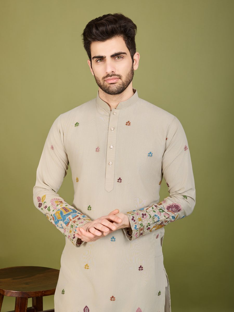 IVERY COTTON THREAD, SEQUENCE EMBROIDERED WORK KURTA - qivii