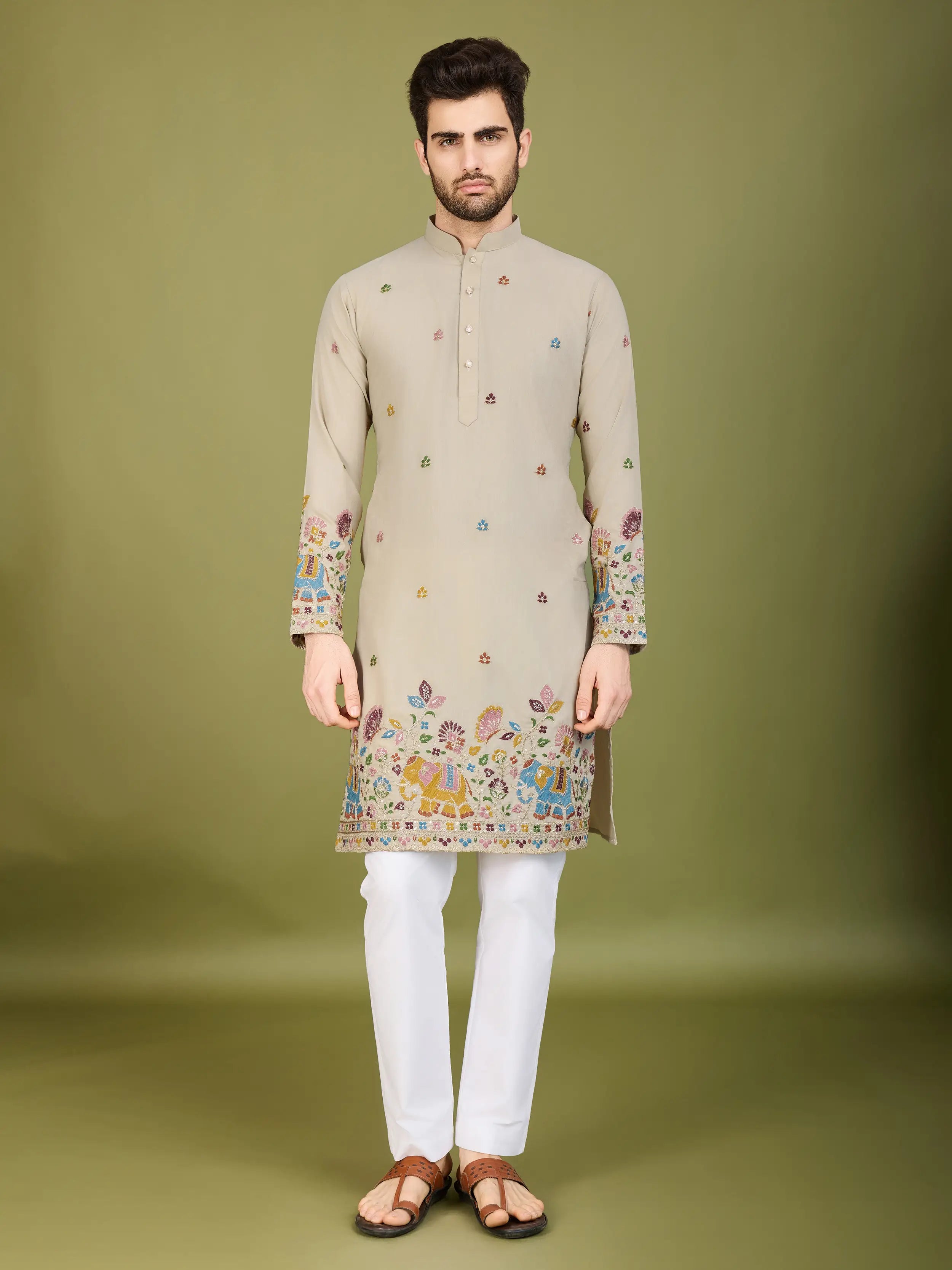 Ivory Cotton Thread & Sequins Embroidered Work Kurta