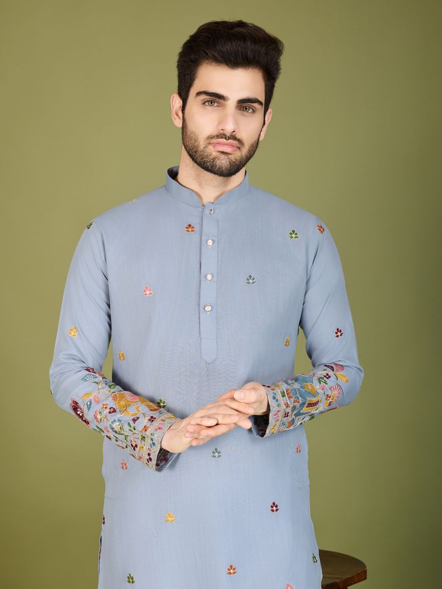 SKY BLUE COTTON THREAD, SEQUENCE EMBROIDERED WORK KURTA - qivii
