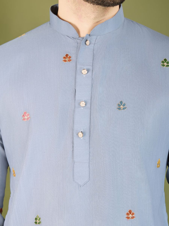 SKY BLUE COTTON THREAD, SEQUENCE EMBROIDERED WORK KURTA - qivii