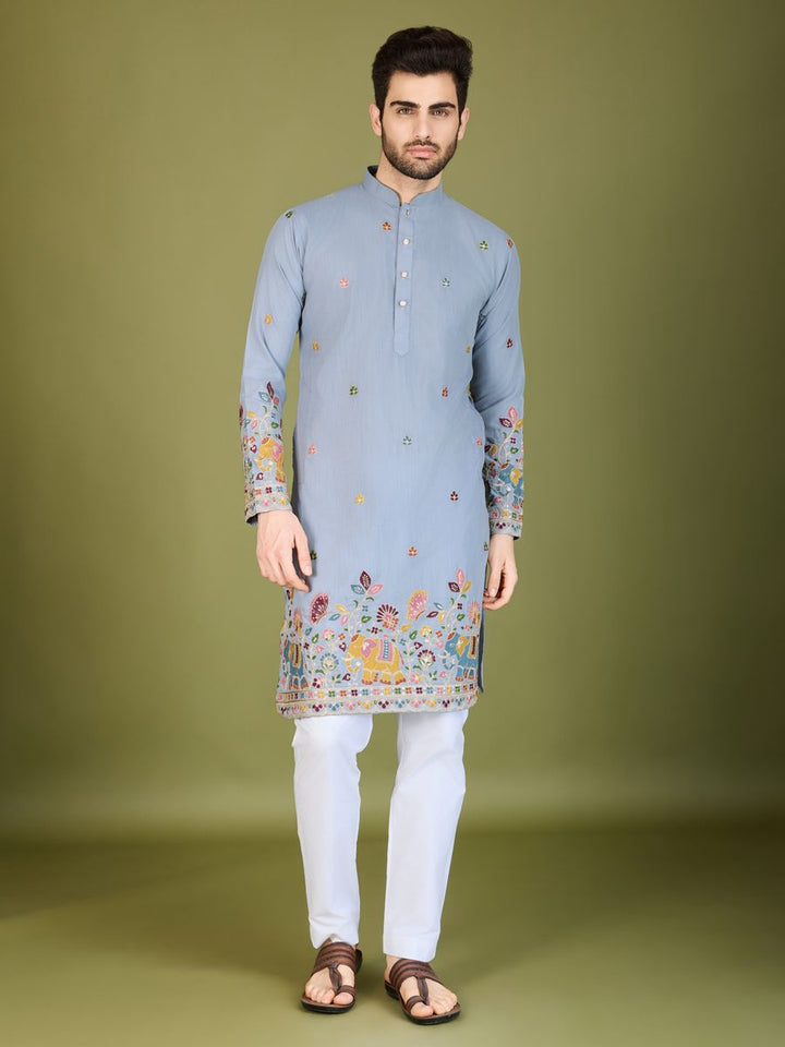 SKY BLUE COTTON THREAD, SEQUENCE EMBROIDERED WORK KURTA - qivii