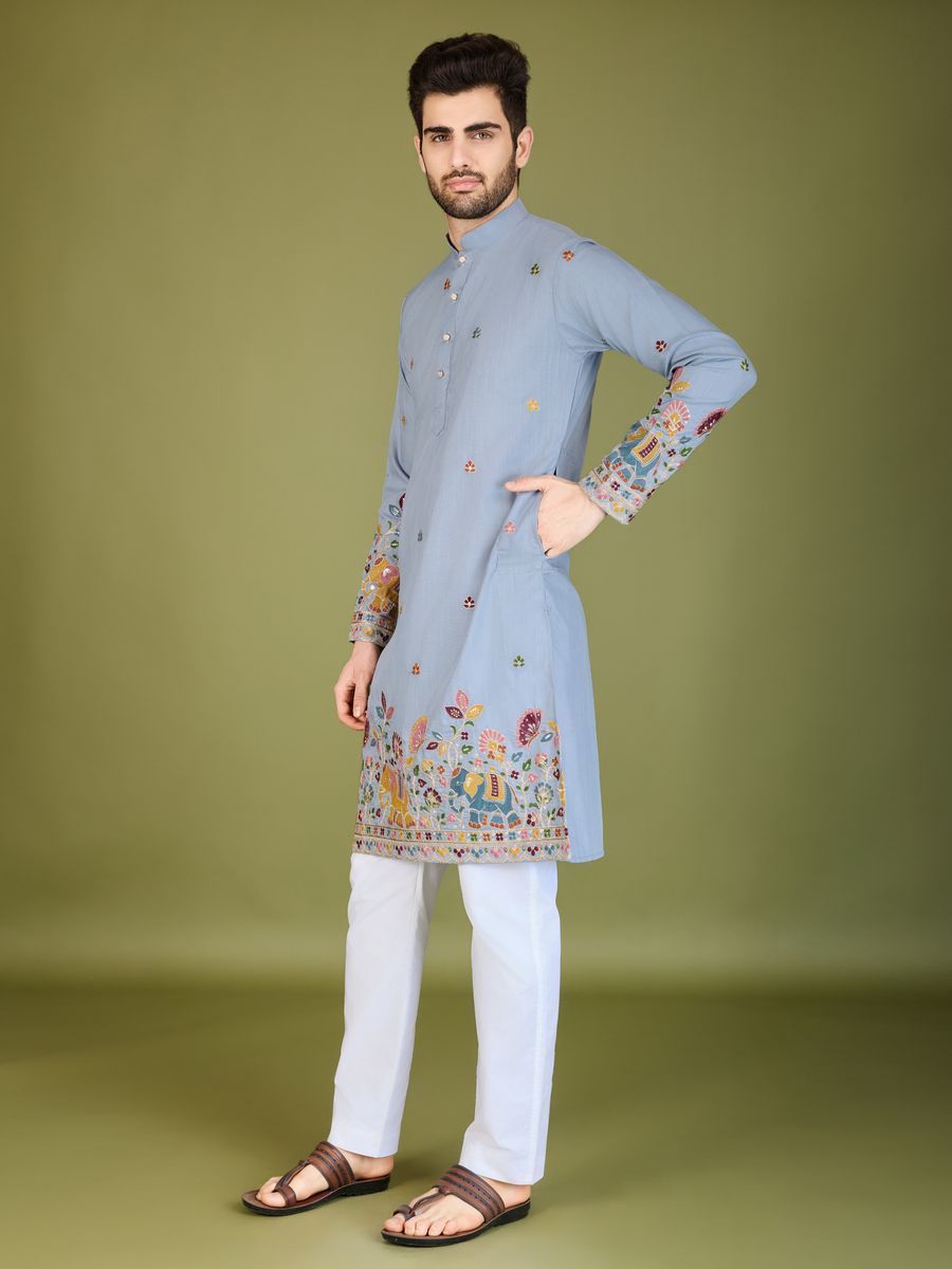 SKY BLUE COTTON THREAD, SEQUENCE EMBROIDERED WORK KURTA - qivii