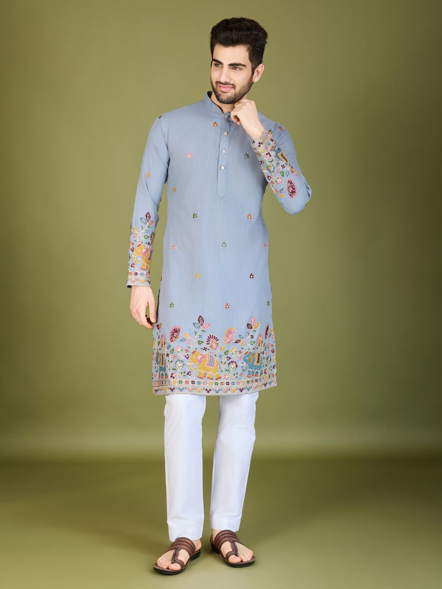 SKY BLUE COTTON THREAD, SEQUENCE EMBROIDERED WORK KURTA - qivii