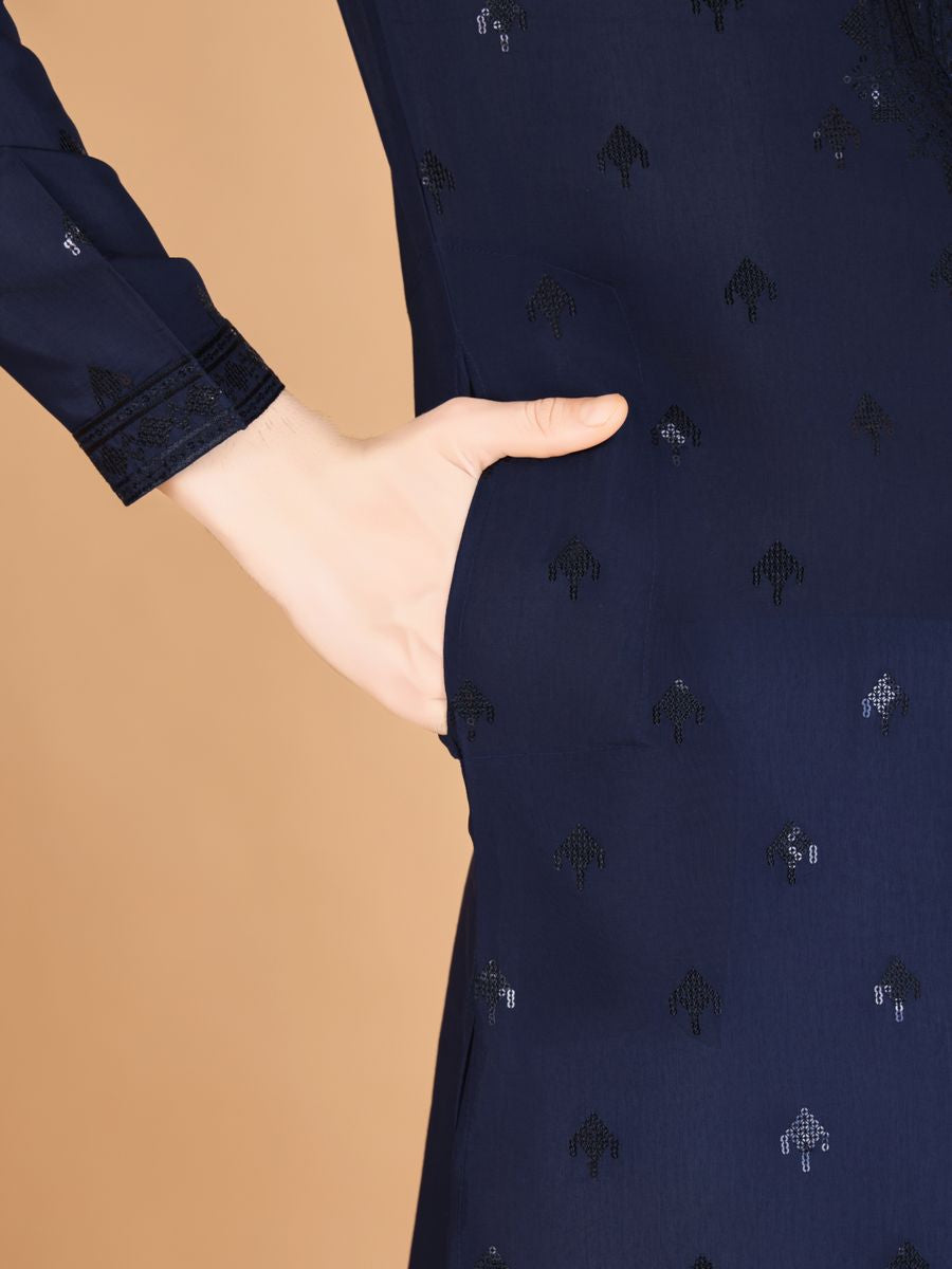 NAVY BLUE VISCOSE SILK THREAD, SEQUENCE EMBROIDERED WORK KURTA SET - qivii
