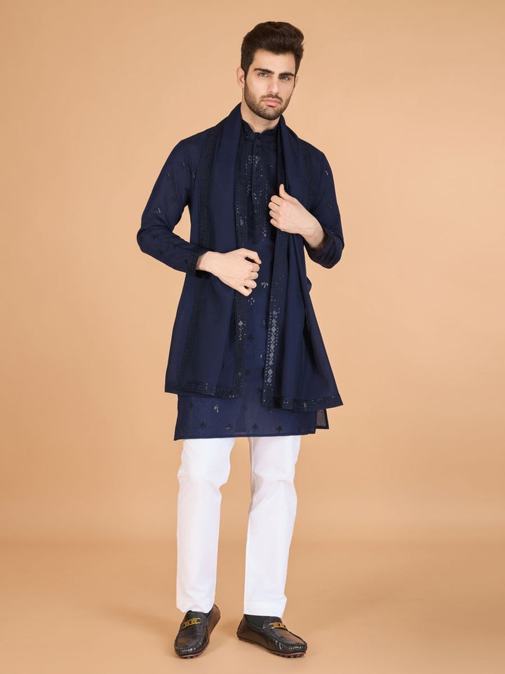 NAVY BLUE VISCOSE SILK THREAD, SEQUENCE EMBROIDERED WORK KURTA SET - qivii