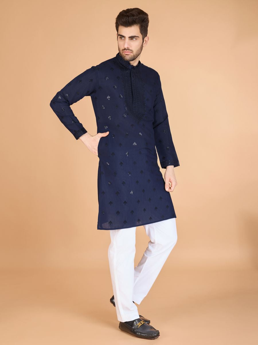 NAVY BLUE VISCOSE SILK THREAD, SEQUENCE EMBROIDERED WORK KURTA SET - qivii