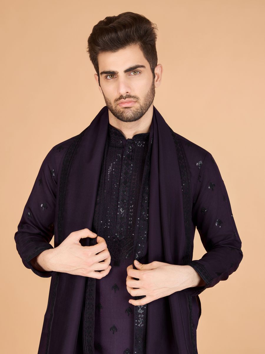 PURPLE VISCOSE SILK THREAD, SEQUENCE EMBROIDERED WORK KURTA SET - qivii