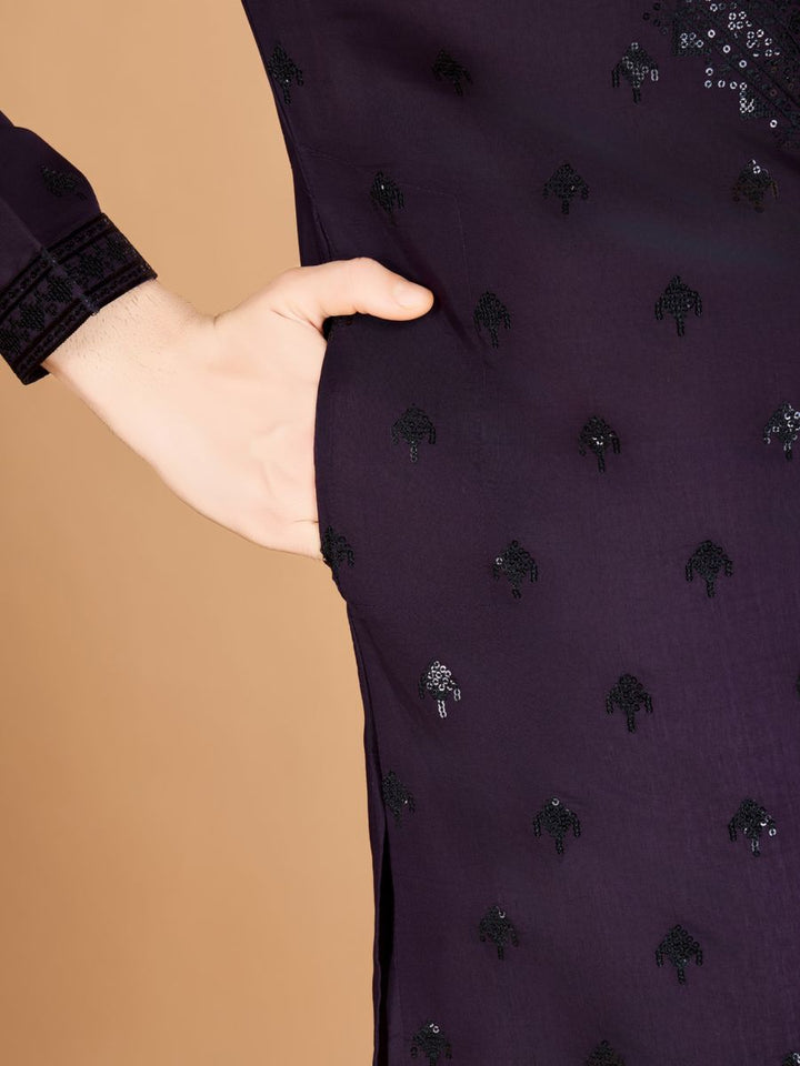 PURPLE VISCOSE SILK THREAD, SEQUENCE EMBROIDERED WORK KURTA SET - qivii