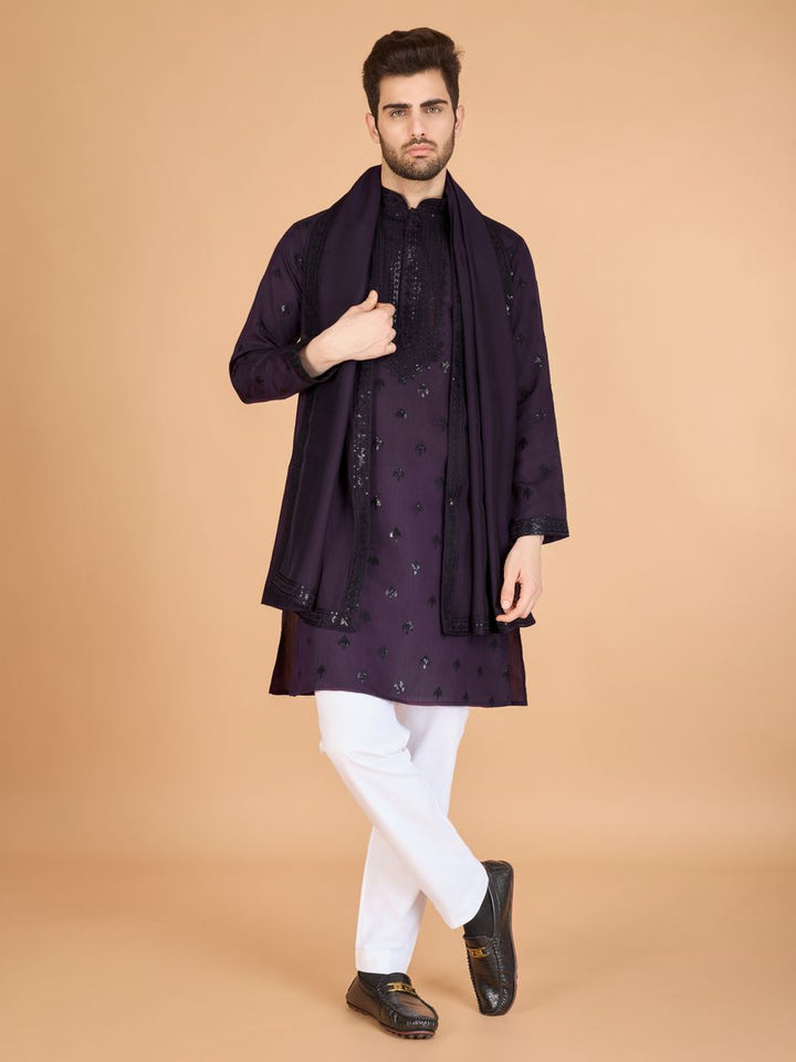 PURPLE VISCOSE SILK THREAD, SEQUENCE EMBROIDERED WORK KURTA SET - qivii
