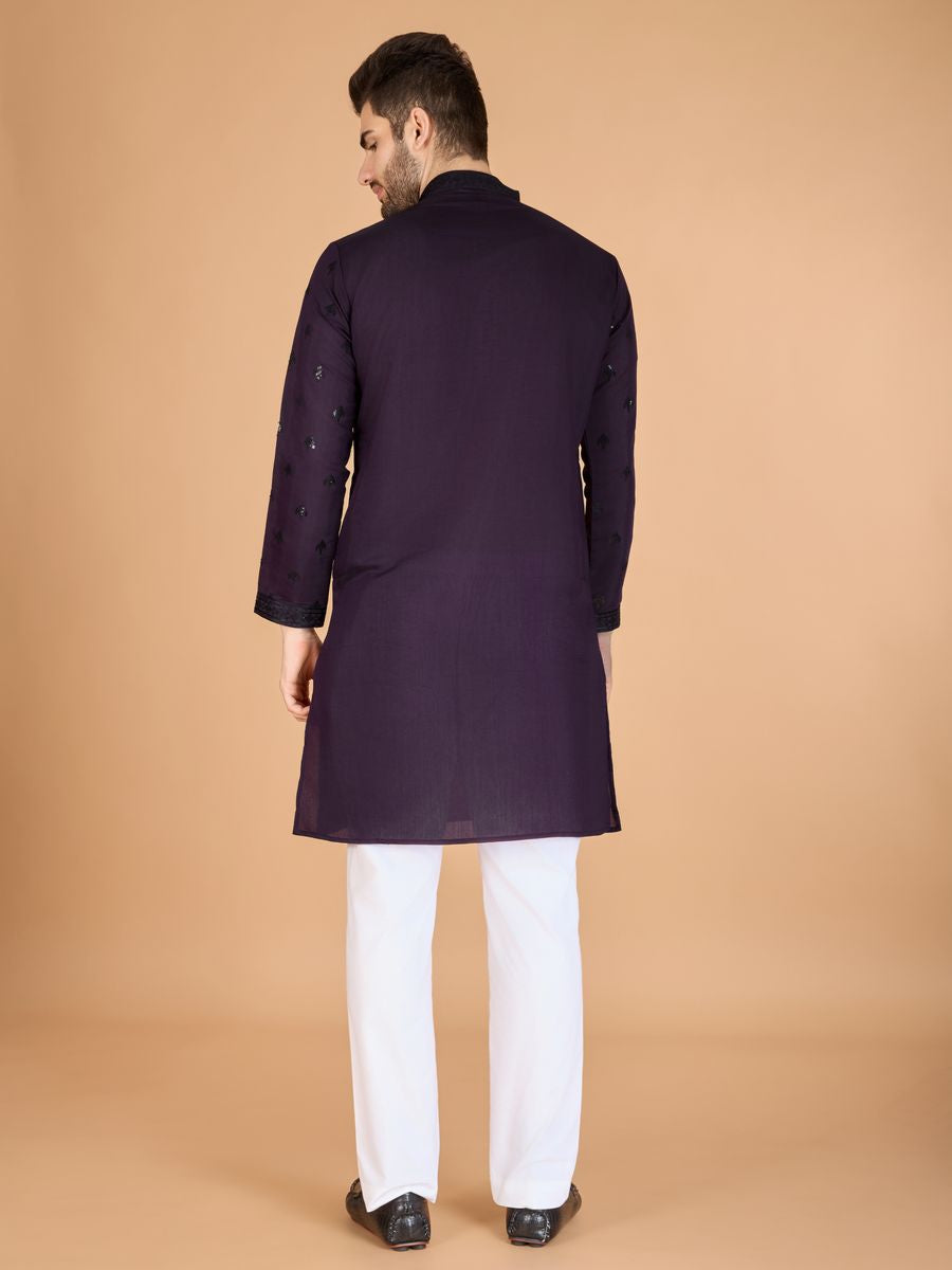 PURPLE VISCOSE SILK THREAD, SEQUENCE EMBROIDERED WORK KURTA SET - qivii