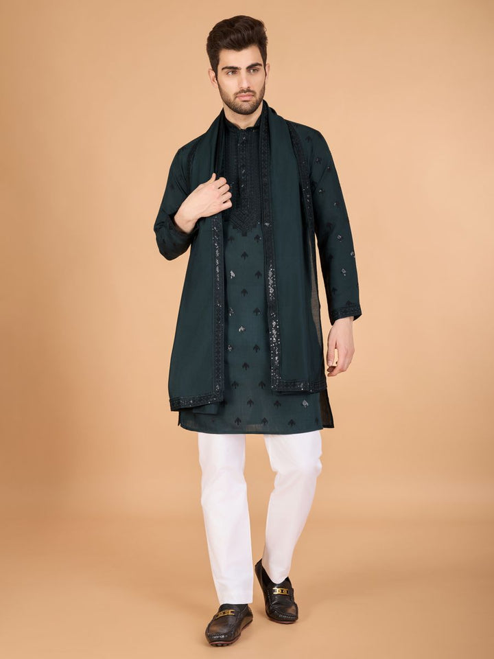 GREEN VISCOSE SILK THREAD, SEQUENCE EMBROIDERED WORK KURTA SET - qivii