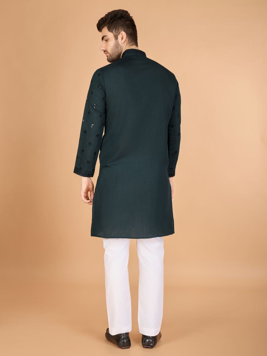 GREEN VISCOSE SILK THREAD, SEQUENCE EMBROIDERED WORK KURTA SET - qivii