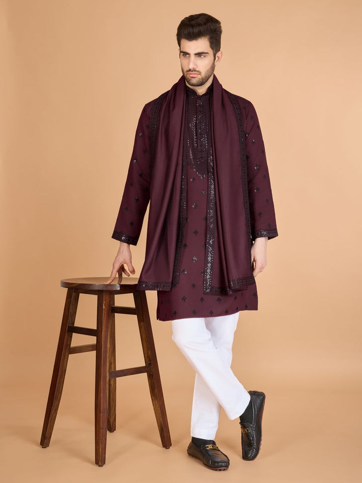MAROON VISCOSE SILK THREAD, SEQUENCE EMBROIDERED WORK KURTA SET - qivii